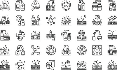 Comprehensive skincare, dermatology, hydration, UV protection, cosmetic treatment, and skin barrier vector icon set designed for beauty, health, and wellness projects.