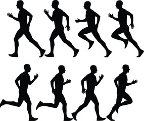 Running cycle, athlete silhouettes, motion phases, biomechanics, stride analysis, black vector, sports science, human movement, animation reference