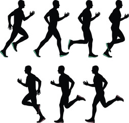 Running motion, athlete silhouette, stride phases, biomechanics, foot contact, sports training, dynamic pose, black vector, movement study, animation reference
