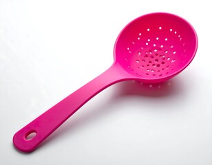 Bright pink perforated spoon lies diagonally on a white surface, casting a soft shadow, modern kitchen utensil
