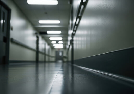 Empty long institutional corridor with bright overhead lighting