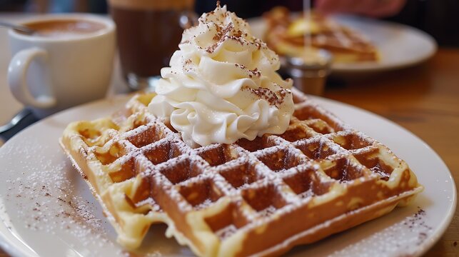 A waffle topped with whipped cream next to a cup of coffee and another waffle on a white plate - Powered by Adobe
