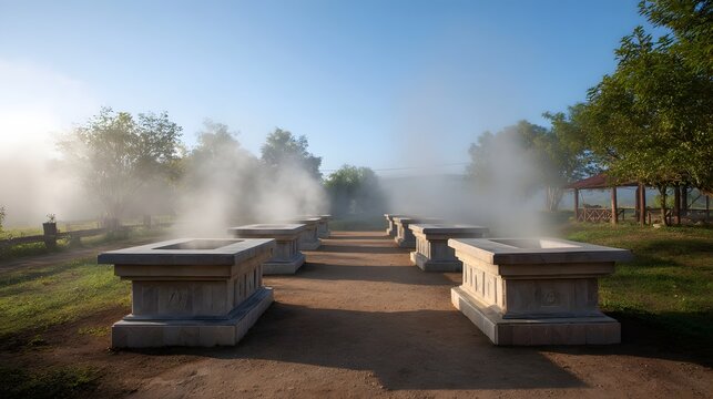 Stone basins emitting steam at dawn in a tranquil outdoor landscape