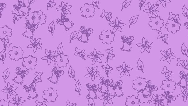 Floral pattern suitable for spring designs with colorful flowers, vases and leaves, on a purple background. Perfect for printables.