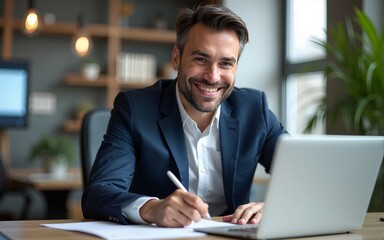 Busy happy middle aged smiling professional business man company executive ceo manager or lawyer wearing suit sitting at desk in modern office working on laptop computer writing notes, copy space.