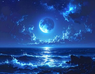 A vibrant blue moon shining over the ocean, reflected in the waves, under a starry sky with scattered clouds