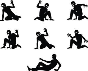 Set of scary black zombie silhouettes crawling on the ground and reaching out, horror halloween vector illustration isolated on white background.