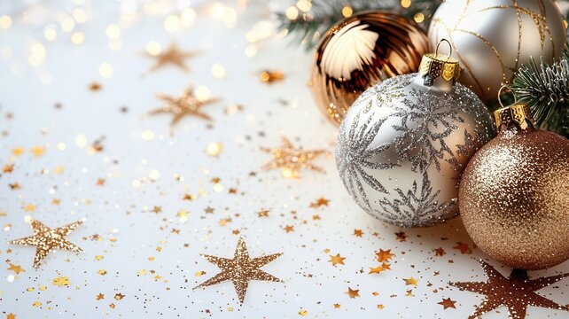 Golden and silver christmas baubles with fir branch and glittering stars celebrating holidays