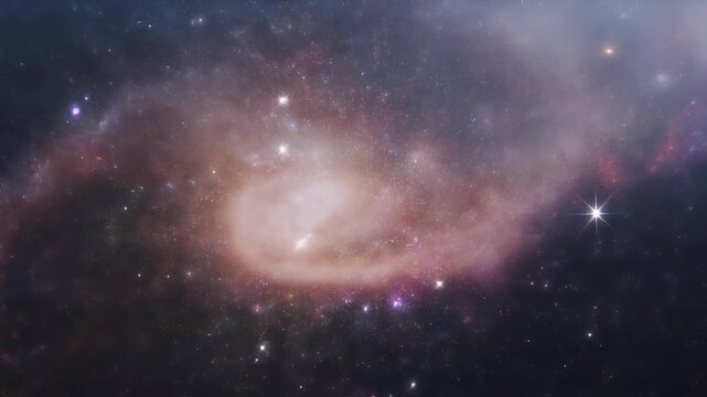 A cosmic view of a galaxy with a bright center and swirling nebulous arms.