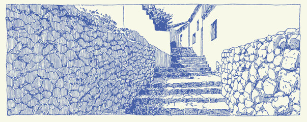 A stone wall with a set of stone steps leading up to it. The wall is made of large, rough stones. vector illustration