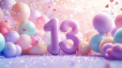 Number 13 standing on sparkling glitter, surrounded by soft pastel balloons and falling heart confetti