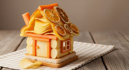 Charming Edible House Made of Cookies and Dried Citrus Slices on a Wooden Table.