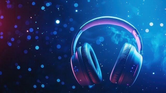 Wireless headphones glowing with neon lights, showcasing an immersive audio experience against a dynamic bokeh background