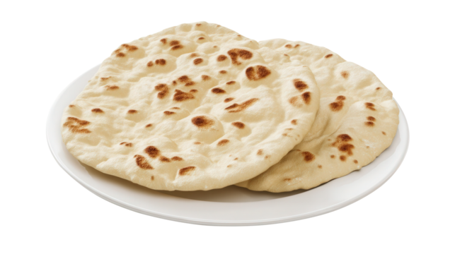 Pita bread on a clean white plate isolated on a transparent background. Generative AI