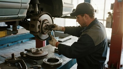 Mechanic working on car brake system in auto repair shop
