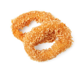 Deep fried squid rings isolated on white, top view