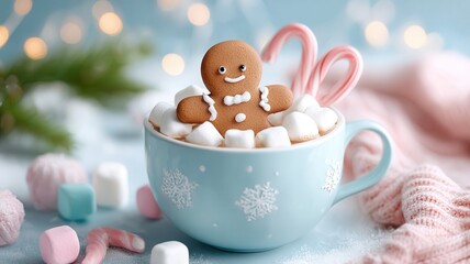 Gingerbread man cookie bathing in hot chocolate with marshmallows and candy canes for winter holiday cheer