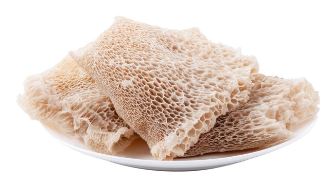 Raw beef tripe with honeycomb texture isolated on white plate transparent background. Generative AI
