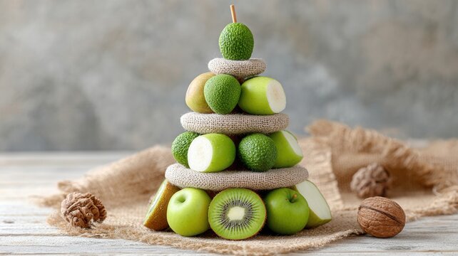 Green fruit christmas tree on rings, symbolizing healthy seasonal eating and natural decoration