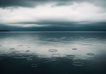Obraz premium A tranquil yet intense depiction of a large body of water under a dark, stormy sky, with raindrops creating ripples on the surface, evoking a sense of calm and brooding atmosphere