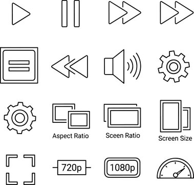 Collection of Media Player and Screen Settings Icons Play Pause Rewind Fast Forward Volume Cogwheel Aspect Ratio and Resolution