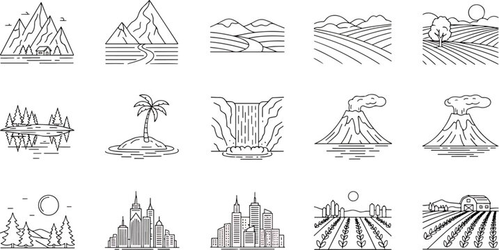 Collection of Linear Landscape Icons Featuring Mountains Rivers Waterfalls Volcanoes Islands Cities Farms and Fields