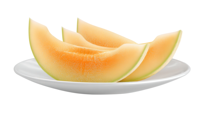 Fresh melon slices on a clean white plate isolated on transparent background. Generative AI