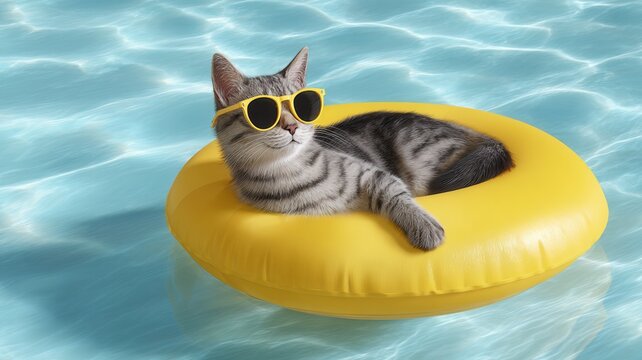 Tabby cat wearing sunglasses, relaxing in a swimming pool on a yellow pool float during summer vacation