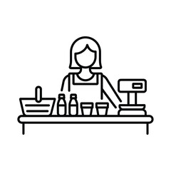 Female vendor at market stall selling food products line art