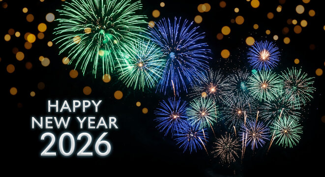 Festive image of green, blue, and gold firework bursts on black background, celebrating Happy New Year 2026, representing hope and joy