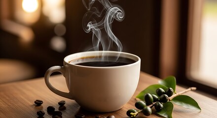 Steaming cup of fresh black coffee with raw beans and cherries