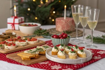 Festive holiday appetizer display with toast, tomato and champagne flutes.