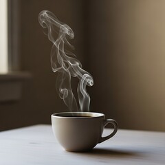 Steaming hot coffee cup on table, delicious morning beverage