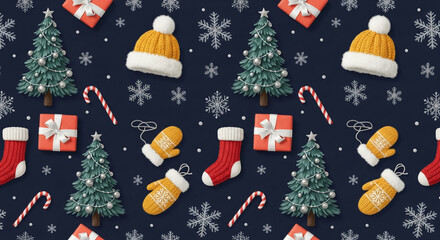 Pattern with Christmas tree, gift, hat, candy cane, snowflake, mitten, sock on dark backdrop, festive seasonal concept, winter holiday design