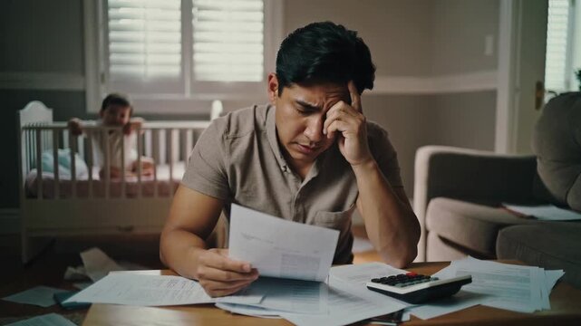 A humble, middle-class Latino man is sitting at a table with a baby in a crib behind him. He is looking worriedly at bills he cannot pay. He is in a state of distress. Concept of economic problems.