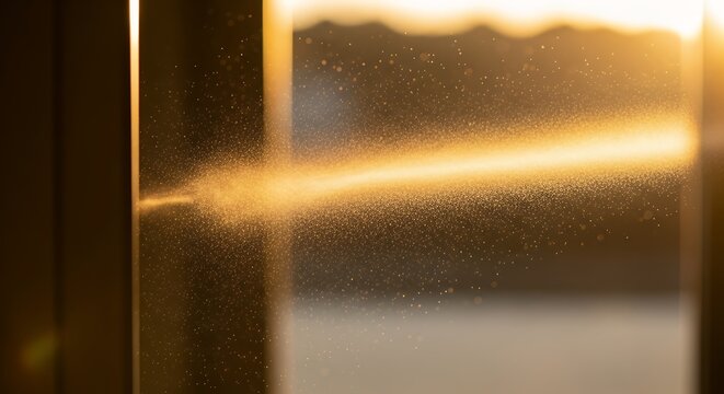 Close-up of a bright golden light beam passing through a textured glass panel, creating a hazy, ethereal effect.