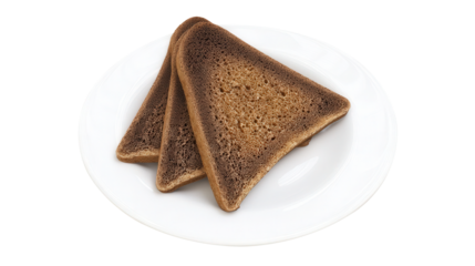 Three slices of burnt toast isolated on a clean white plate with a transparent background. Generative AI
