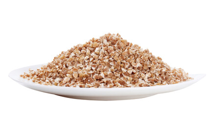 Buckwheat flakes on a clean white plate with transparent background. Generative AI