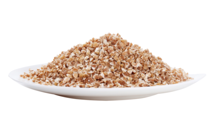 Buckwheat flakes on a clean white plate with transparent background. Generative AI