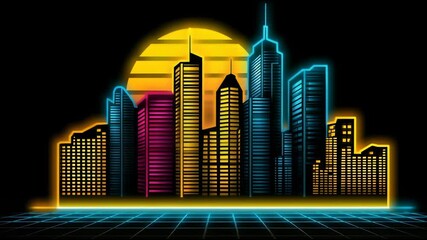 Neon Skyline: Illuminated by a vibrant neon glow, a cityscape silhouette emerges against a retro backdrop, capturing the essence of futuristic urban landscapes and modern infrastructure. - Powered by Adobe