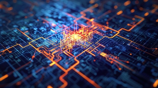 AI Core: Glowing Neural Network Hub with Intricate Circuitry in Blue and Orange Light