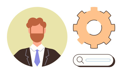 Businessman in suit as a profile icon, gear symbolizing system settings, and search bar for exploration. Ideal for user profiles, work tools, career growth, automation, HR, tech simple flat metaphor