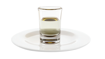 Tequila shot in a clear glass on a clean white plate isolated transparent background. Generative AI