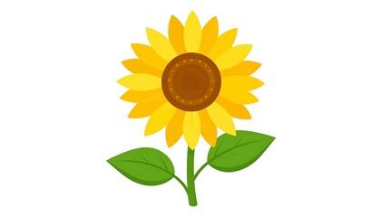 Cartoon sunflower with yellow petals, brown center, green stem and leaves, isolated on a white background