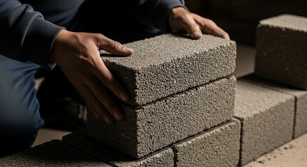 Close-up of a persons hands carefully stacking concrete blocks, highlighting construction and manual labor.