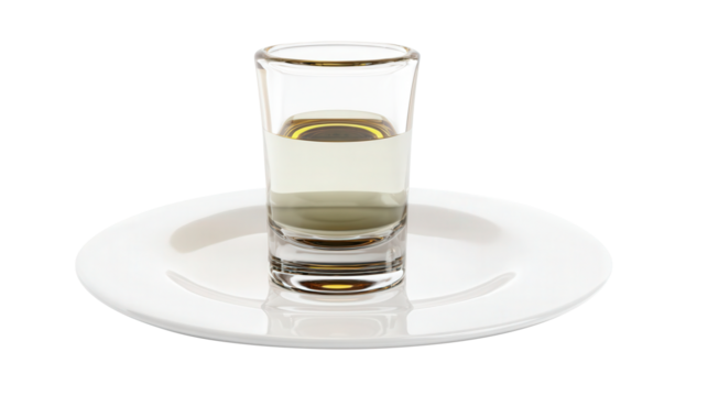 Tequila shot in a clear glass on a clean white plate isolated transparent background. Generative AI