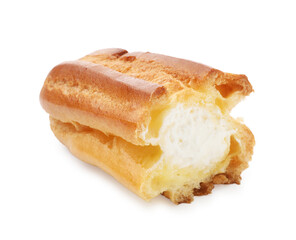 Half of tasty eclair with whipped cream isolated on white