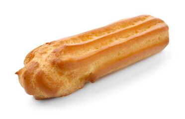 One tasty eclair isolated on white. Delicious dessert