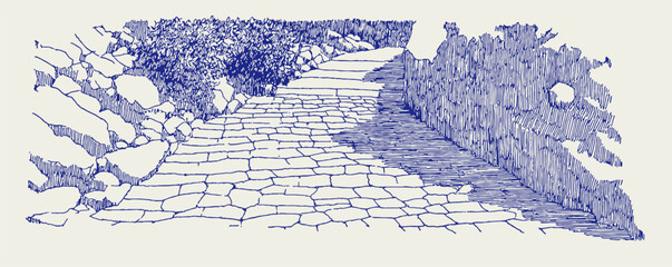 Naklejka premium A blue and white drawing of a path with a stone wall. The path is narrow and the wall is made of stone. vector illustration