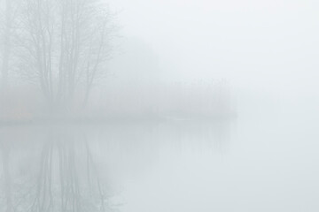Fototapeta premium A beautiful foggy landscape with bare trees reflecting in a calm lake surface. Early spring scenery in Latvia, Europe.